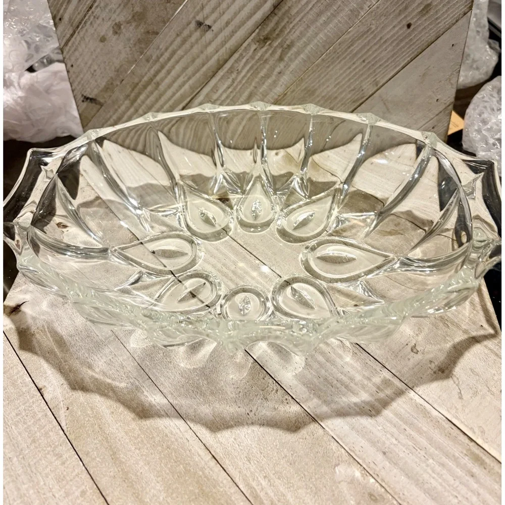 Vintage Clear Pressed Glass Oval Serving Bowl Frosted Teardrop Sunburst Pattern